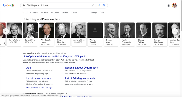 list of british prime ministers on google screen shot 2020-06-14