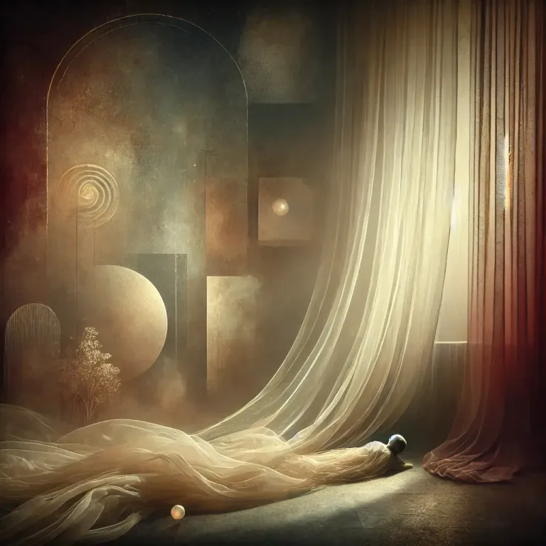 DALL·E 2025-01-25 15.14.03 - A surreal, dreamlike scene featuring a serene, dimly lit atmosphere. Ethereal curtains float in a softly glowing space, creating a sense of mystery. A.webp