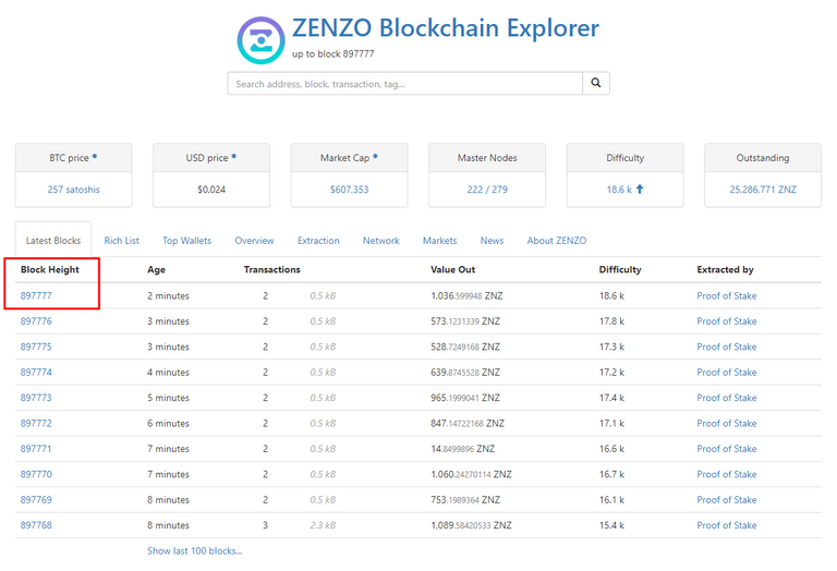 ZENZO Block Explorer showing correct Block Count/Height (at time of screenshot)