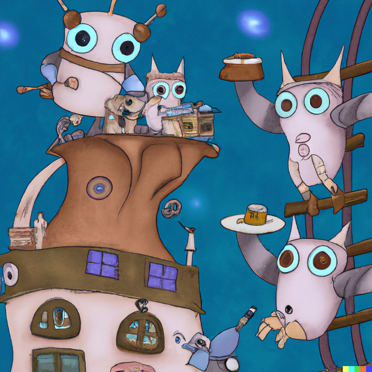 DALL·E 2022-10-04 08.32.38 - Robot owls fly in space to their medival home and eat cake.png