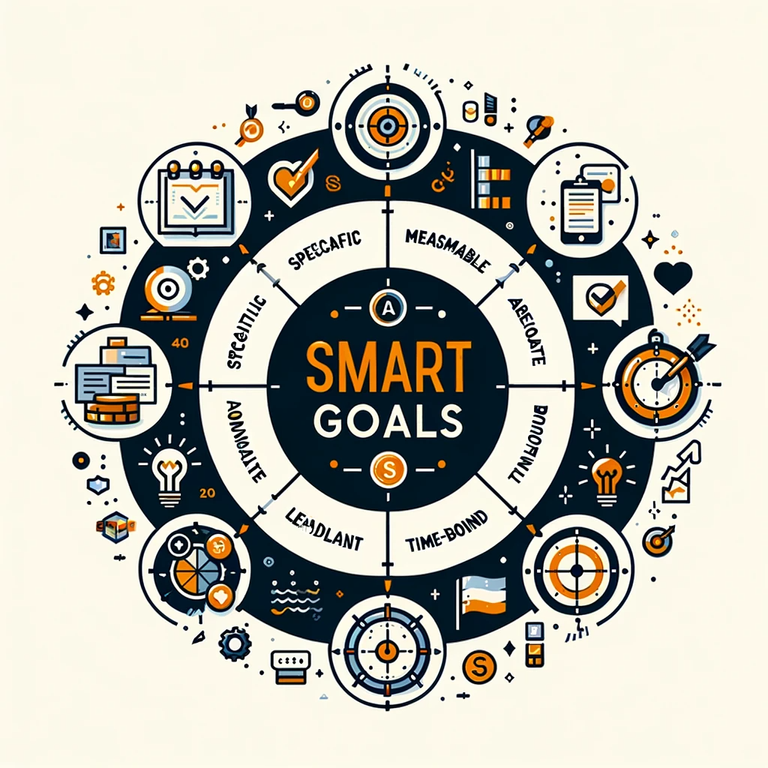 DALL·E 2024-01-26 23.10.29 - Visual representation of SMART goals in leadership development with minimal text. Create a graphic illustrating the concept of SMART goals (Specific, .png