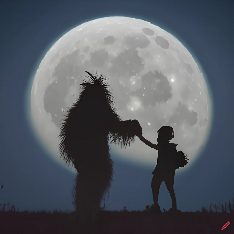 craiyon_180231_A_silhouette_of_a_tall__hairy_monster_holding_hands_with_a_child__walking_on_a_field_.png