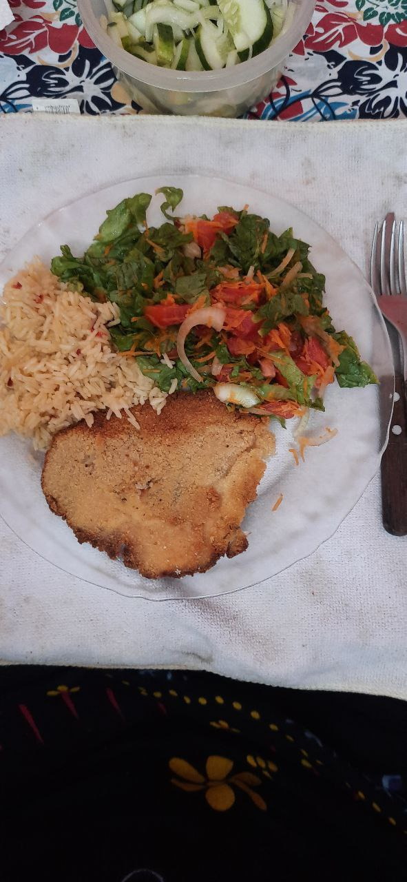 Milanesa de pollo con ensaladas varias y arroz frito|||||Chicken Milanesa  with various salads and fried rice - Proof of Brain