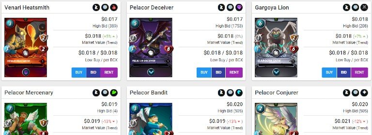 The default Peakmonsters.com market view lists the Venari Heatsmith as the cheapest card per BCX.