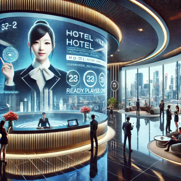 DALL·E 2024-09-27 14.31.00 - A futuristic hotel lobby with sleek, modern design and minimalist aesthetic. The lobby features a large, curved screen displaying a virtual receptioni.webp