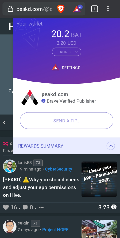 Earnings on my mobile Brave browser