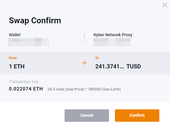 Fees required to swap ETH to TUSD on KyberSwap