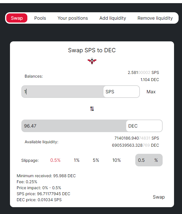 Beeswap exchange 1 SPS for 96.47 DEC.PNG