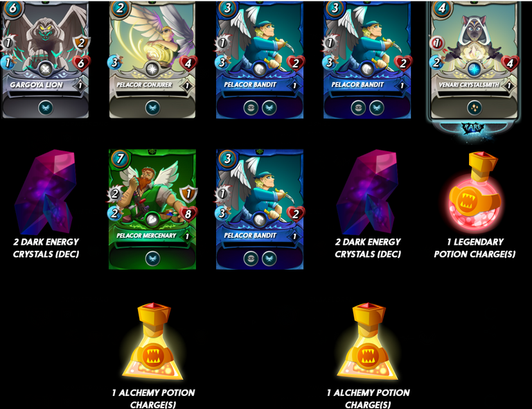 rewards - 7 cards 4 DEC 1 Legendary and 2 Alchemy potions.PNG