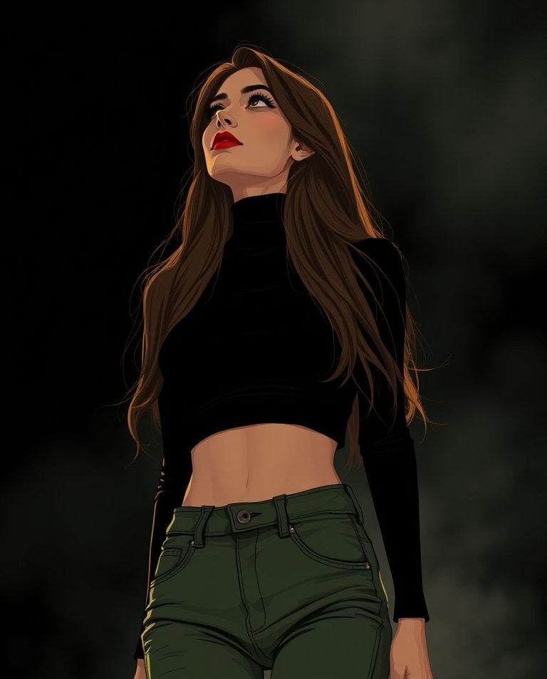 Cinematic illustration in the style of Luis Royo.  A Lebanese woman with long brown hair and full red lips, wearing a black cropped turtleneck and olive skinny jeans, looks upward.  The background is black, soft fo.jpg