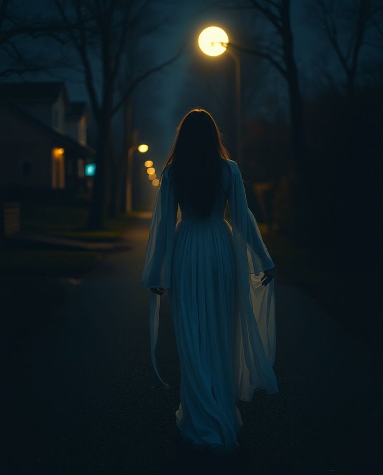 A candid street photograph captures a mystical woman in a flowing white gown walking a moonlit path. Iridescent colors create an eerie, creepy atmosphere with dark tones and unsettling details.jpg