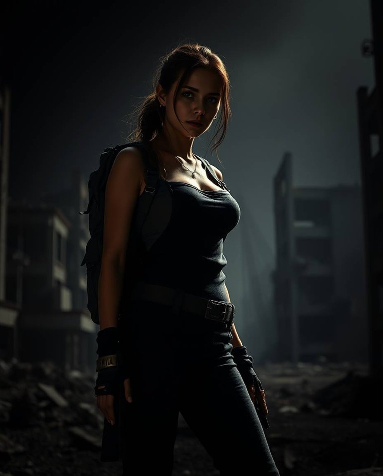 Cinematic photo, contrasting chiaroscuro lighting, intense jet black, pure black, deep shadows. Female adventurer, slender waist, fitted jumpsuit, pouches, backpack. Desolate post-apocalyptic cityscape, ruins. Stro.jpg