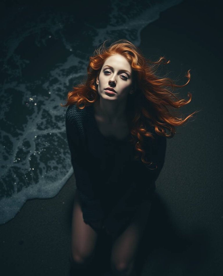 High contrast, low-key lighting, overhead bird’s eye view. A beautiful woman with long, curly red hair, fluttering in the wind, sits dreamily at night on an ocean shore. She wears a warm sweater and denim shorts. D.jpg