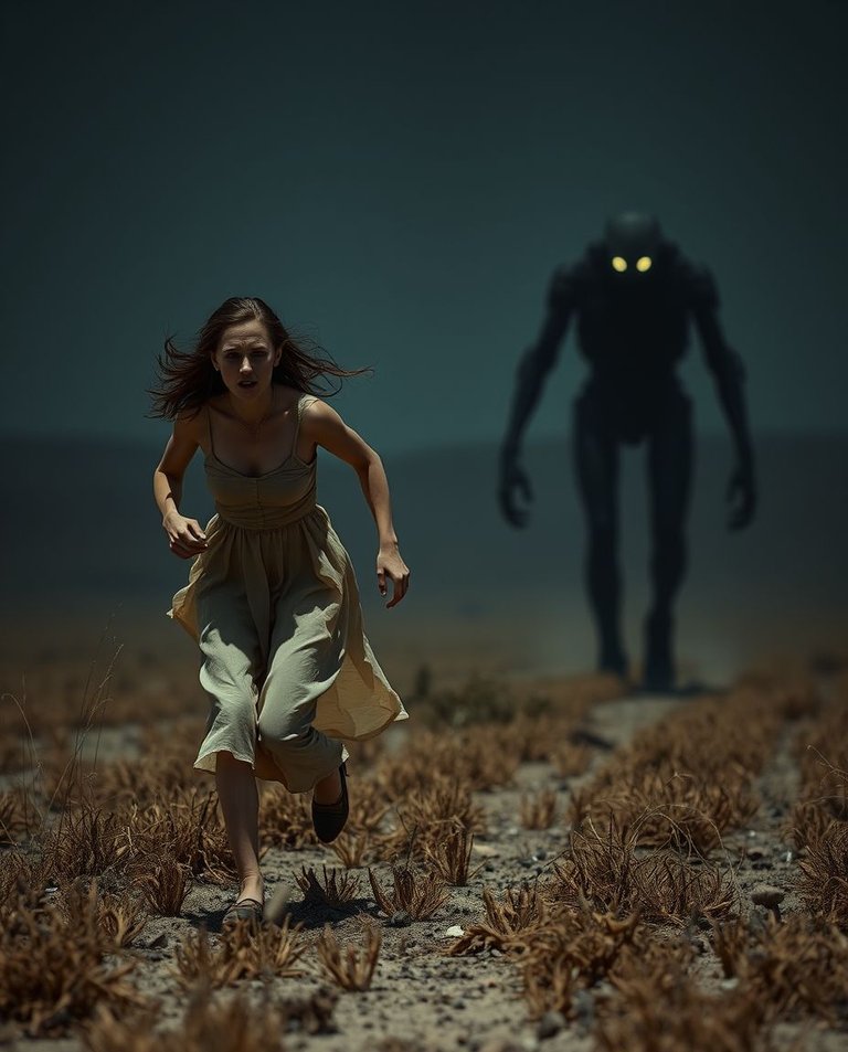 8K resolution futuristic sci-fi image, natural earth tones a terrified woman with light skin in a muslin dress runs through a desolate field at night, a shadowy creature with glowing eyes looms. Dreamlike atmospher.jpg