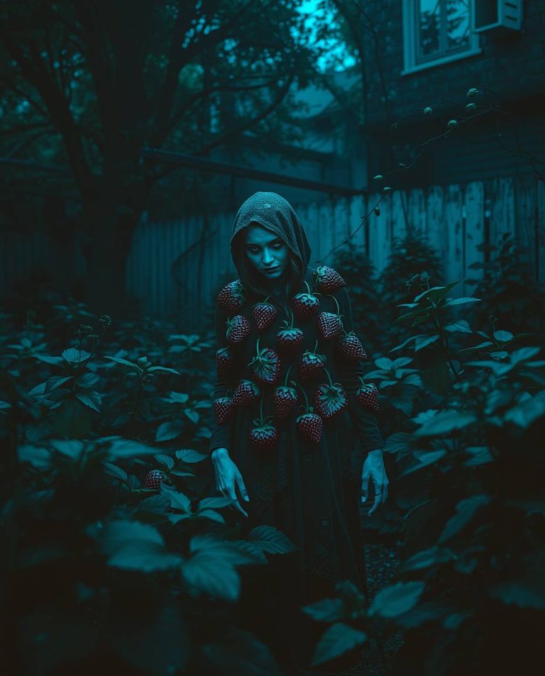 Eerie, creepy atmosphere. Cool colors, dark tones, and unsettling details depict a strawberry-coated woman in a garden. Blues, greens, and purples enhance the unsettling mood.jpg