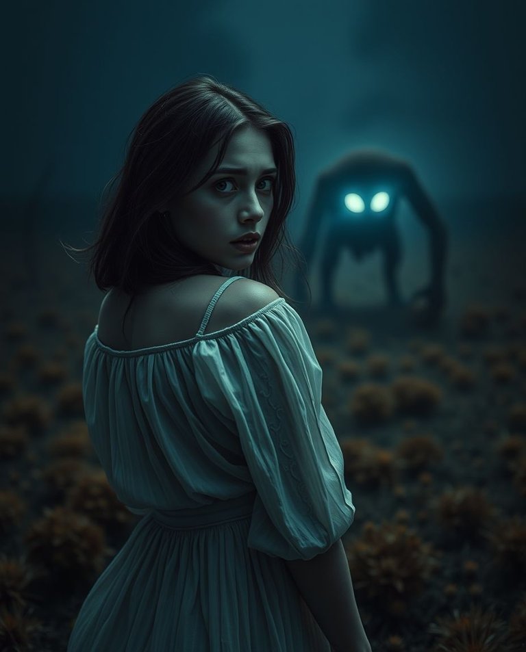 8K resolution image, tight close-up, distinct split composition. A terrified woman in a muslin dress looks over her shoulder in a desolate nighttime field. A shadowy creature with glowing eyes is in the background..jpg