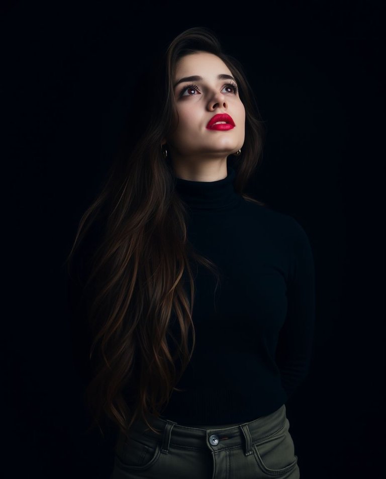 A hazy, cinematic portrait in the style of Luis Royo.  A Lebanese woman with long brown hair, striking red lips, and olive green jeans. She wears a black cropped turtleneck and looks up against a dark background.jpg