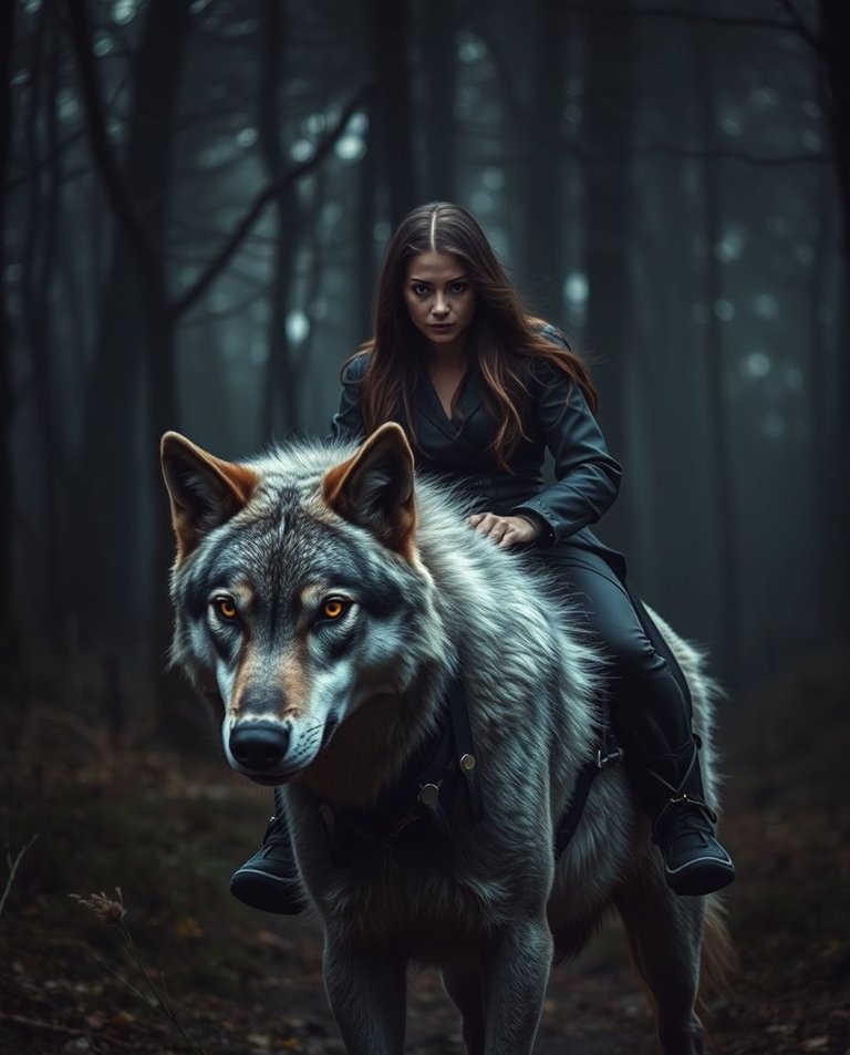 Strong moody style, low contrast, secluded forest clearing, woman riding a silver-gray wolf with yellow eyes, detailed facial expressions, lifelike textures.jpg