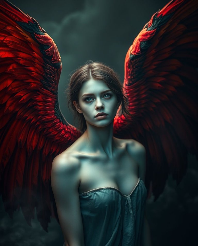 Fine art photograph, a fallen angel in darkness, red and black wings, pale skin, intense gaze. Ancient landscape setting, ghostly glow, soft lighting, gentle color contrasts, mystic enchanting environment. Emphasis.jpg