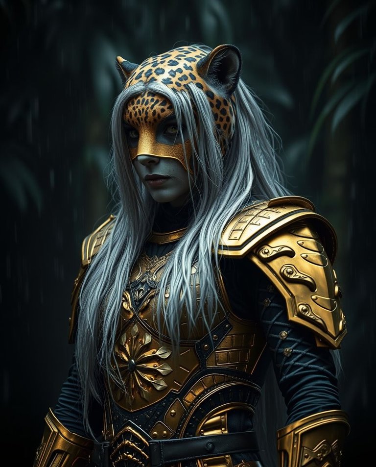 8K cinematic image, hyperrealistic detail. Eerie, rainy jungle scene.  A female warrior with long silver hair in gold armor metamorphoses into a majestic leopard.  Gold armor transitions to spotted fur. Dark tones,.jpg