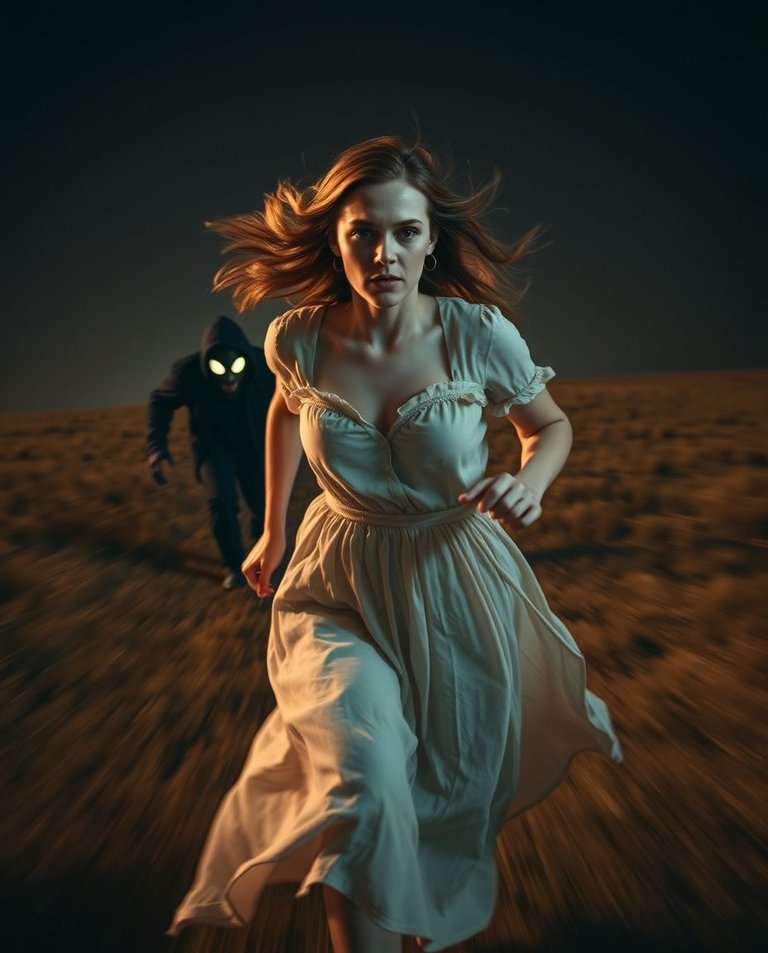 8K cinematic horror image Dynamic motion blur.  Woman in muslin dress, fair skin, frightened, running through a desolate field at night, shadowy creature with glowing eyes in background.  Vibrant, complimentary col.jpg