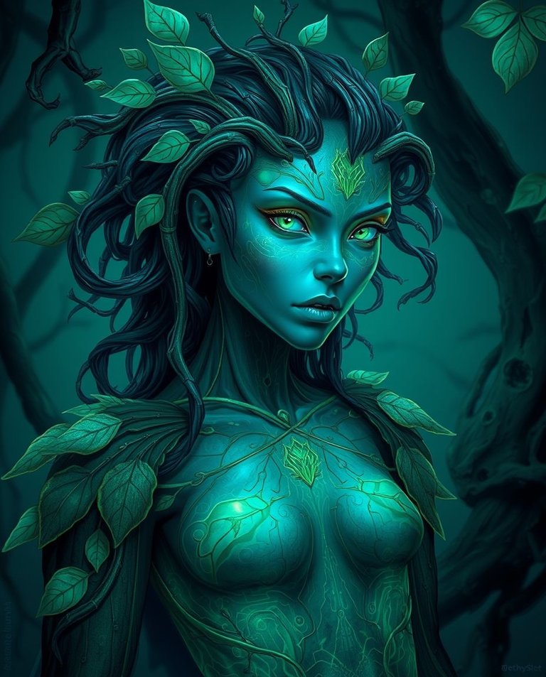 Digital painting, rich deep teal palette. Sleek, mysterious dryad, body a fusion of nature and technology, in a digital landscape. Vibrant colors, intricate details. Shimmering bark-circuitry skin, glowing vine hai.jpg