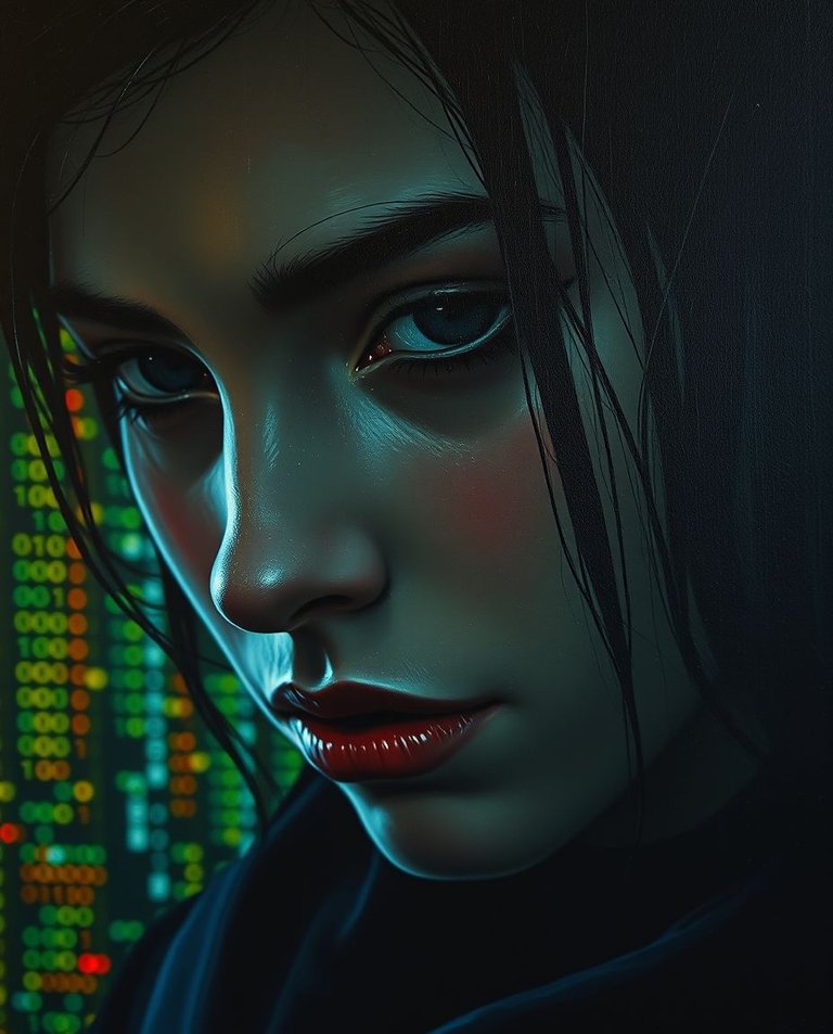 Classic oil painting, extreme macro close-up. Shadow Princess of Cyberspace, detailed focus on face.  Rich textures, visible brushstrokes. Dark silhouette, vibrant digital code background.jpg