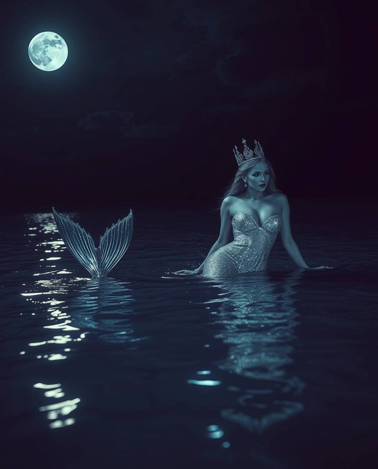 Cinematic photograph, surreal style, dreamlike imagery, intense dramatic lighting, high contrast, fantastical elements, silver mermaid queen, half-submerged in shallow water, fishtail visible, full moon.jpg