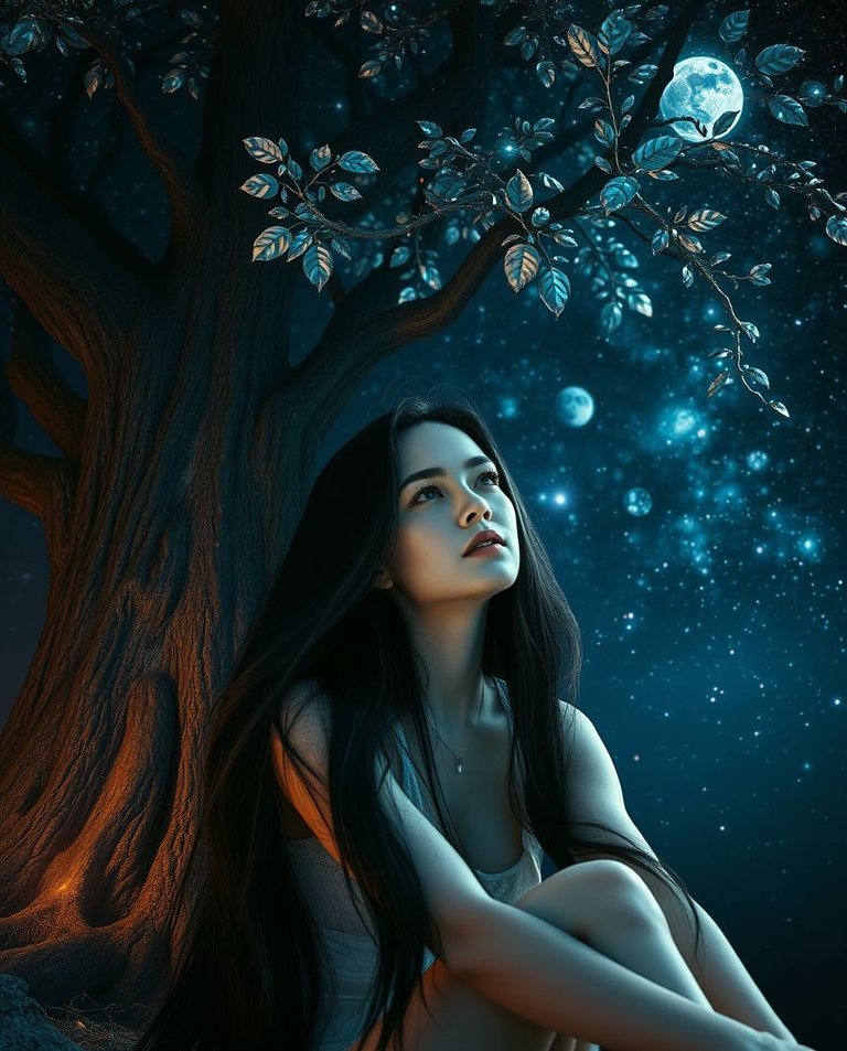 A woman with long, flowing raven hair and pale skin sits beneath a cosmic tree, its leaves shimmering with iridescent light. Dramatic cinematic style. One side of her face is illuminated by starlight and moonlight..jpg