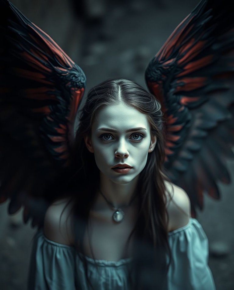 Professional photography, a fallen angel with dark red and black wings, pale skin and intense eyes, in a dimly lit ancient landscape.  Dreamlike atmosphere, gentle color contrasts, soft focus, achieving a mystical,.jpg