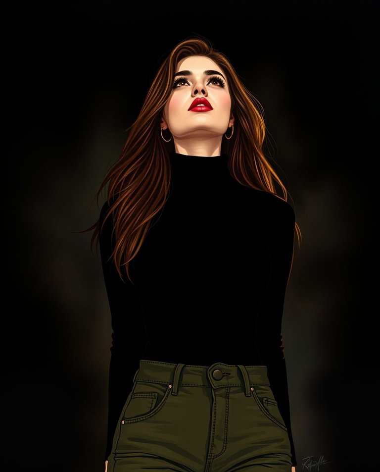 Cinematic illustration Luis Royo style.  A beautiful Lebanese woman with long brown hair, red lips, wearing a black turtleneck and olive jeans.  She looks upward. Black background, soft cinematic haze, film grain.jpg