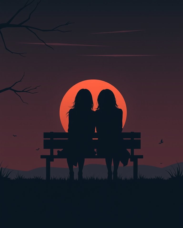 Modern flat design, eerie creepy atmosphere.  Two silhouetted women on a bench at sunset, dark tones, simple shapes, unsettling details.jpg