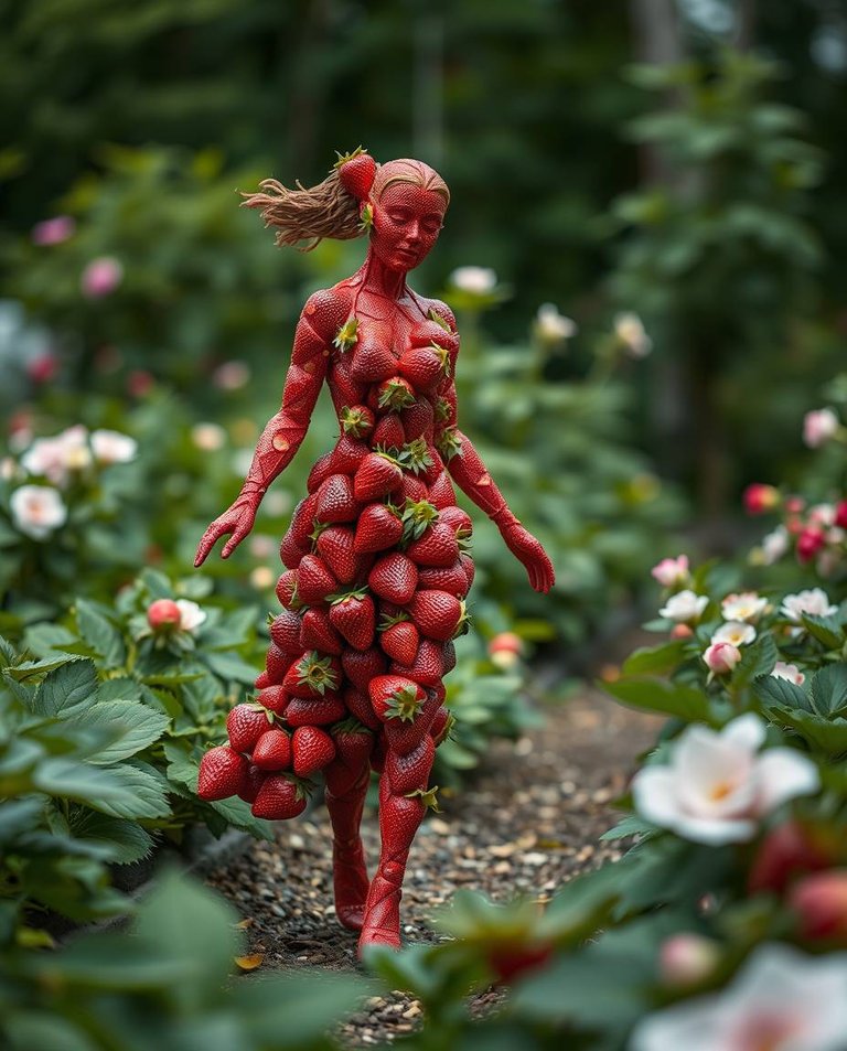 A dynamic, professional fine art photograph captures a woman crafted from strawberry pieces, moving gracefully in a garden.  The image uses blurred lines, soft contrast, and soft saturation, evoking an editorial, A.jpg