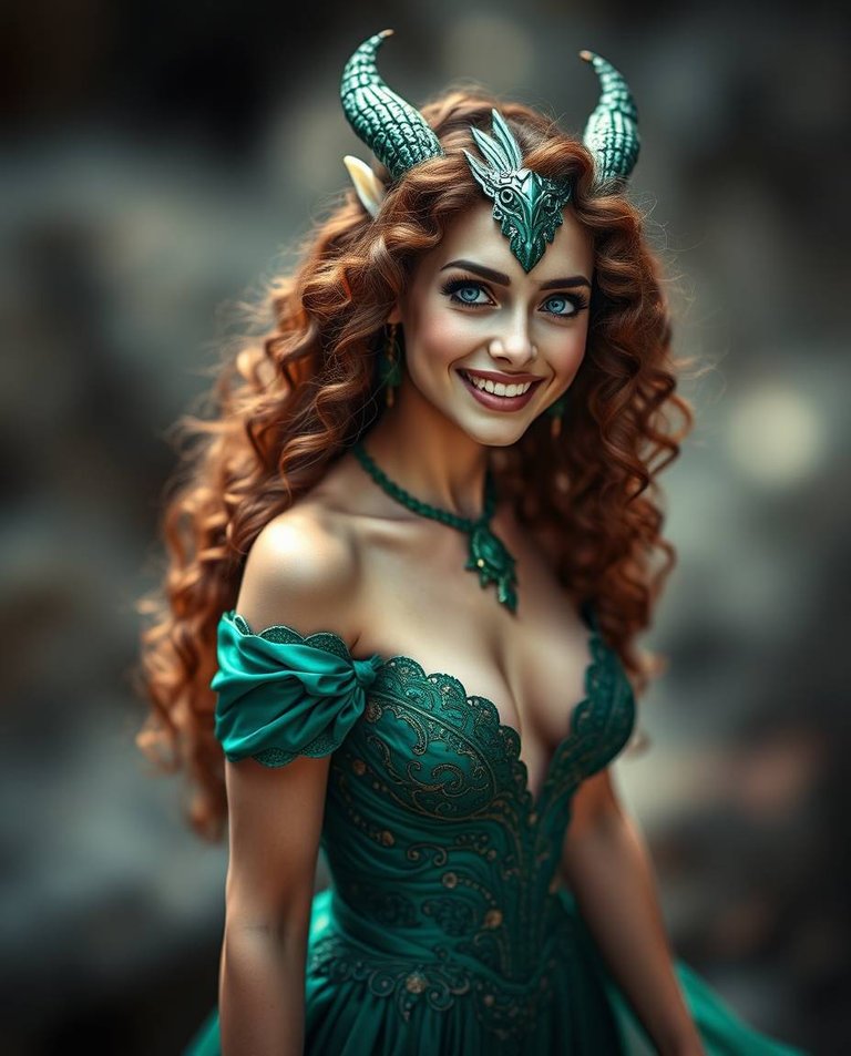 A blurred bokeh effect image with sharp subject focus and a soft background, showcasing a full-length dragon woman with striking blue eyes, long curly brown hair, fair skin, an elegant emerald green gown, and a joy.jpg