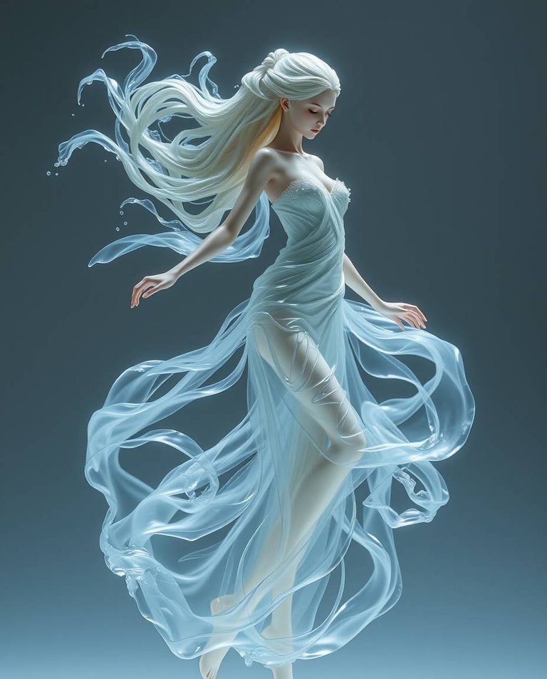 Swirling water figure, translucent form with flowing liquid gown, elegant and refined features.  Emphasis on graceful movement and delicate details.jpg