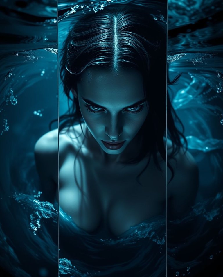 High-resolution stock photo, split into distinct sections. Eerie, creepy atmosphere. A sea nymph, pale skin and dark hair, emerges from shadow, illuminated by blue light. Her piercing eyes radiate allure and menace.jpg