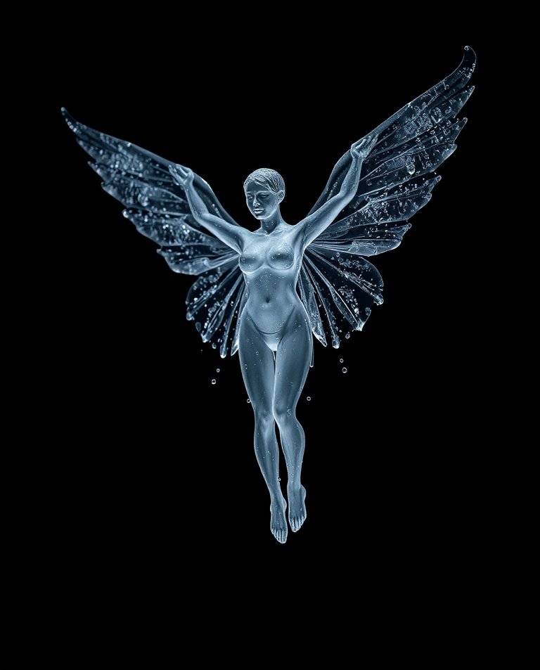 Intense jet black, tight close-up shot. A winged woman formed from water droplets, frozen in mid-air.  Her transparent form contrasts against the pure black background. Deep shadows, detailed focus. Dreamy backgrou.jpg