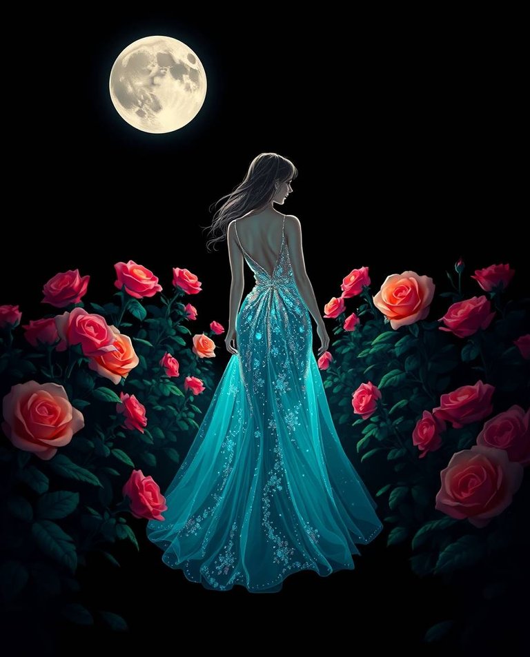 An illustration in glowing bioluminescent colors against intense jet black, depicting a woman in a shimmering gown walking through a rose garden under moonlight. Pure black background, deep shadows, natural light e.jpg