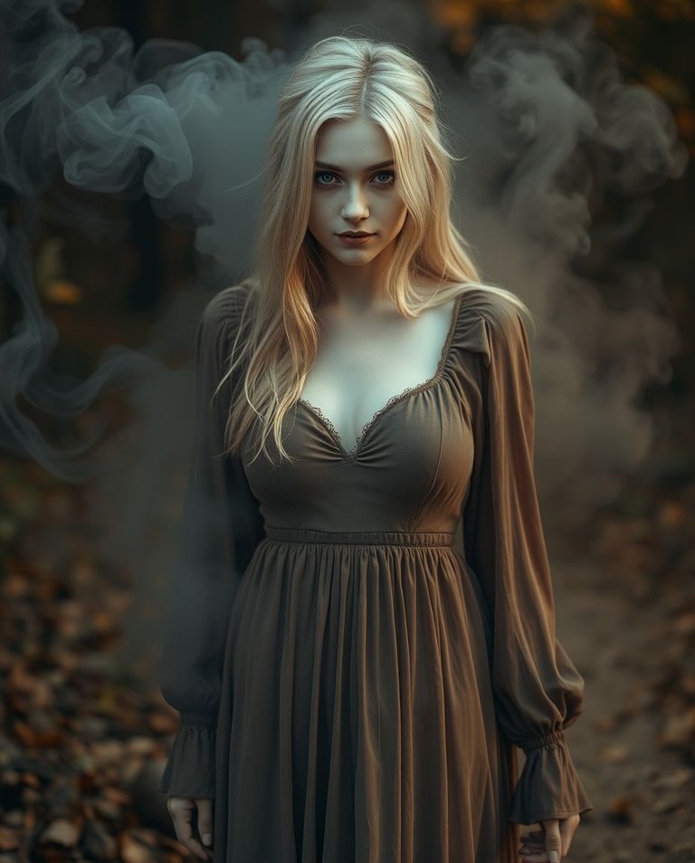 A beautiful woman with light hair and gray eyes, in a long dress dissolving into smoke, warm autumn colors, earthy and cozy tones, unsettling details, eerie and creepy atmosphere.jpg