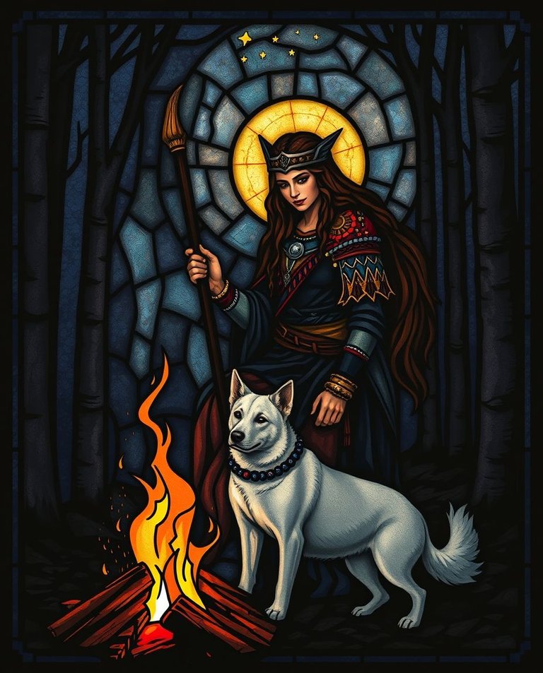 Creative light art style stained glass, strong moody style, low contrast, artistic lighting, abstract patterns. Orthodox Catholic style depicting Amazon warrior in elegant hunting outfit, embroidered patterns, refi.jpg