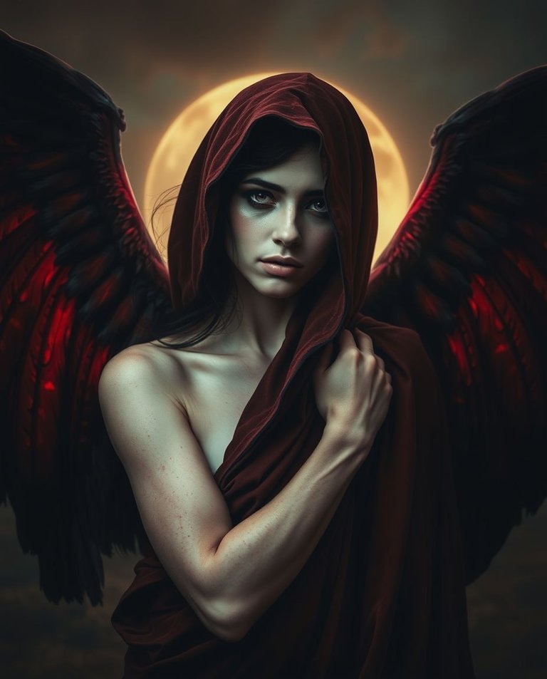 A professional photo of a fallen angel, cloaked in darkness, wings blending shades of red and black, pale skin, intense eyes. Ancient landscape, somber glow, deep rich colors, soft contrast, and soft saturation, ac.jpg