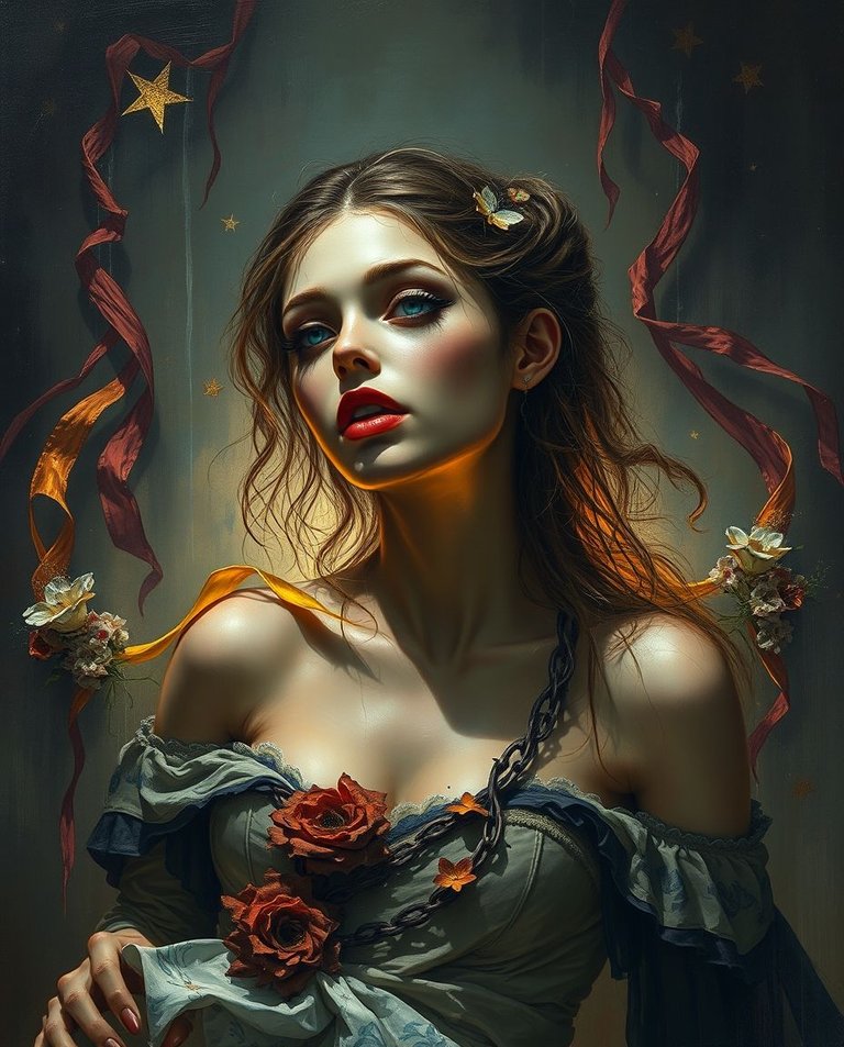 Splash screen concept art An 8k resolution oil painting, heavily textured with visible brushstrokes, depicts a tan-skinned woman with intricate details in a surreal, gothic setting.  Stars, flowers, and ribbons are.jpg