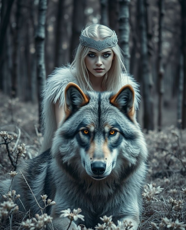 Professional photography, surreal infrared tones, warm slight dark soft contrast. A secluded forest clearing a woman with otherworldly appearance, light fur, atop a silver-gray wolf with piercing yellow eyes. Soft .jpg