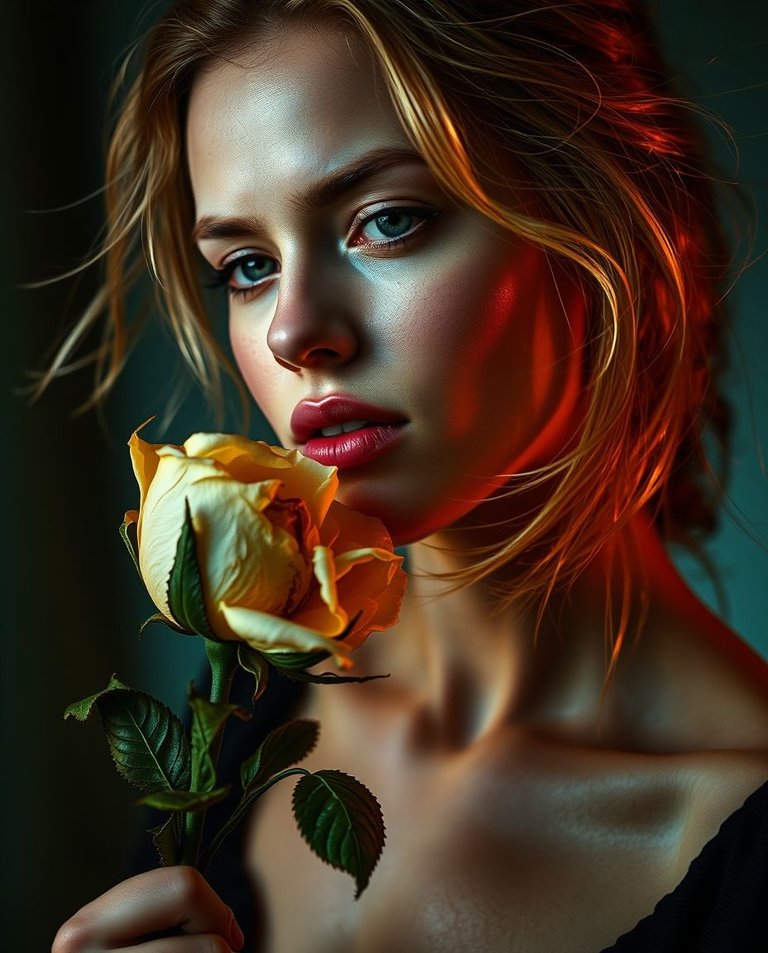 Dynamic motion. Iridescent colors and contrasting chiaroscuro lighting. Melancholic portrait of a woman with porcelain skin, subtle freckles, and wispy honey-blonde hair holding a wilted cream rose. Warm golden lig.jpg