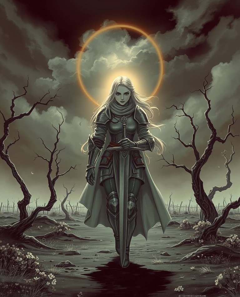 An ethereal illustration with surreal infrared tones, creating a spiritual vibe. A female knight, with a light aura around her, walks through a dark, desolate landscape. Her armor and sword subtly glow in infrared .jpg