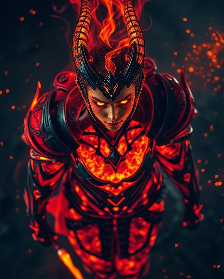 Overhead bird's-eye view of a futuristic fiery warrior. Lava body, feminine features, black and red armor, glowing lattice eyes, sharp horns, and fire whips. Contrasting chiaroscuro lighting, dark sci-fi background.jpg