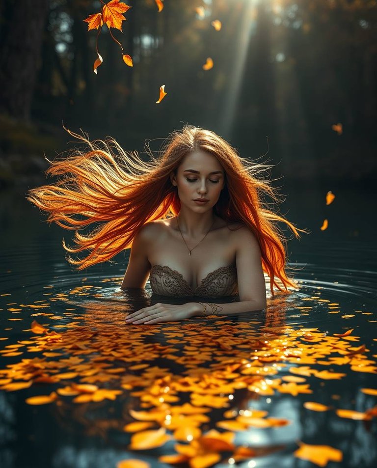 A graceful autumn goddess with flowing auburn hair and fair skin glides across a tranquil lake.  The scene is set within a serene forest, painted in autumnal hues of deep red, amber, and bright yellow.  A bright le.jpg