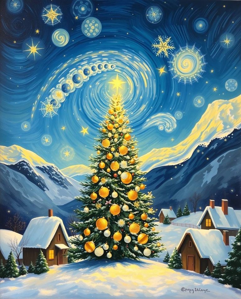 Oil painting in Van Gogh's Starry Night style, depicting a surreal Christmas scene with gentle, soft light and diffused shadows. A majestic Christmas tree, with golden and silver ornaments, is centrally placed, ema.jpg