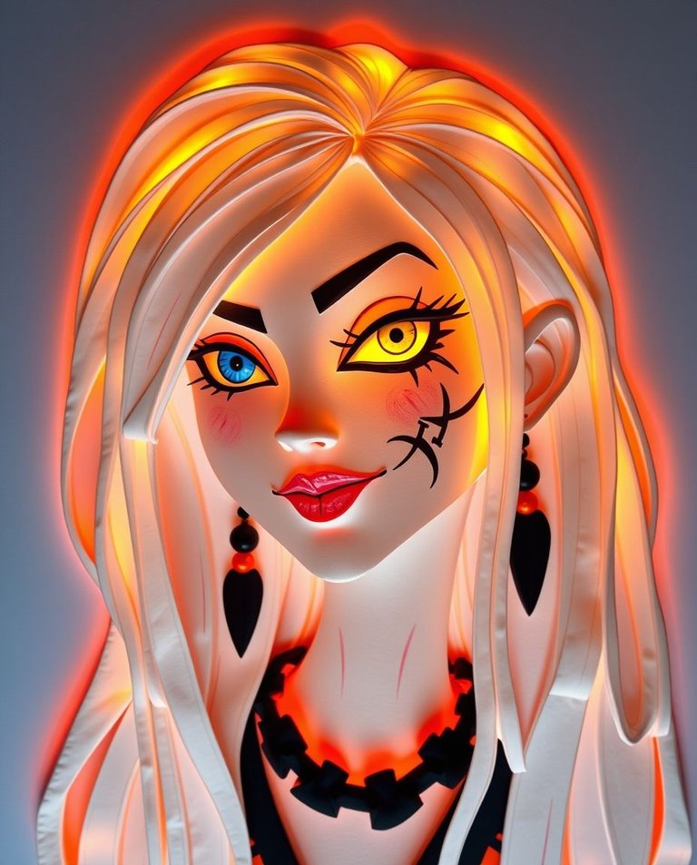 Bioluminescent, dreamy papier-mâché artwork.  A light-skinned woman with long, stylized white hair, one deep blue eye, one amber-orange glowing eye, a black facial tattoo, and a mischievous smirk. She wears black a.jpg