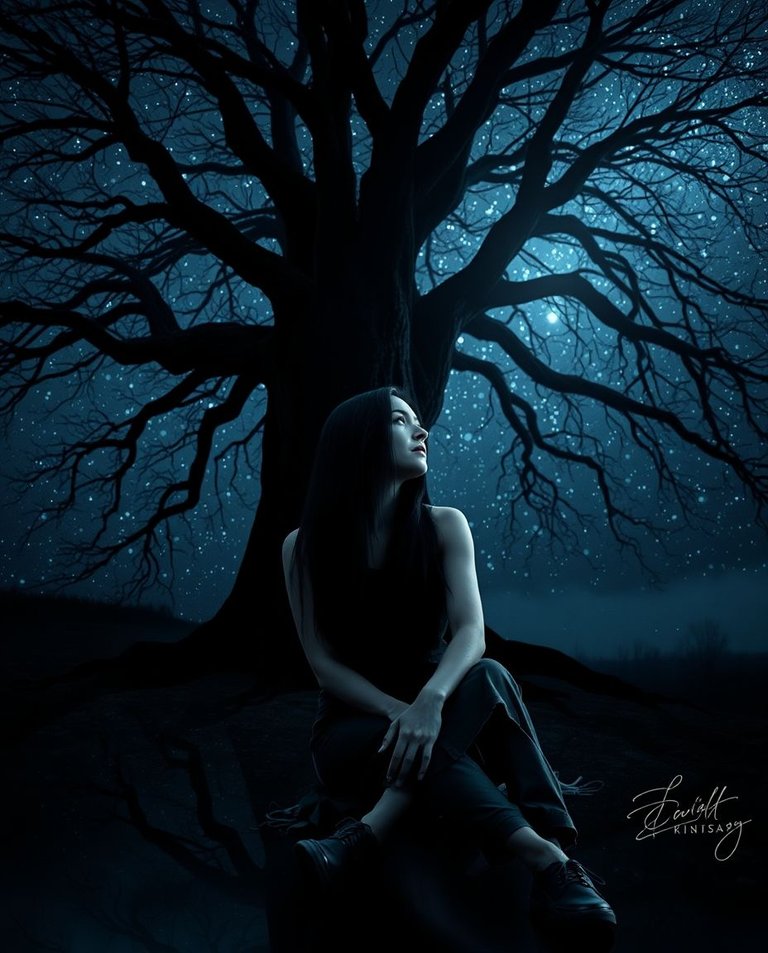 Dramatic, cinematic style A lone woman with long black hair and pale skin sits beneath a cosmic tree, half-lit by starlight. Iridescent colors, film-like composition, reflections, dramatic lighting.jpg